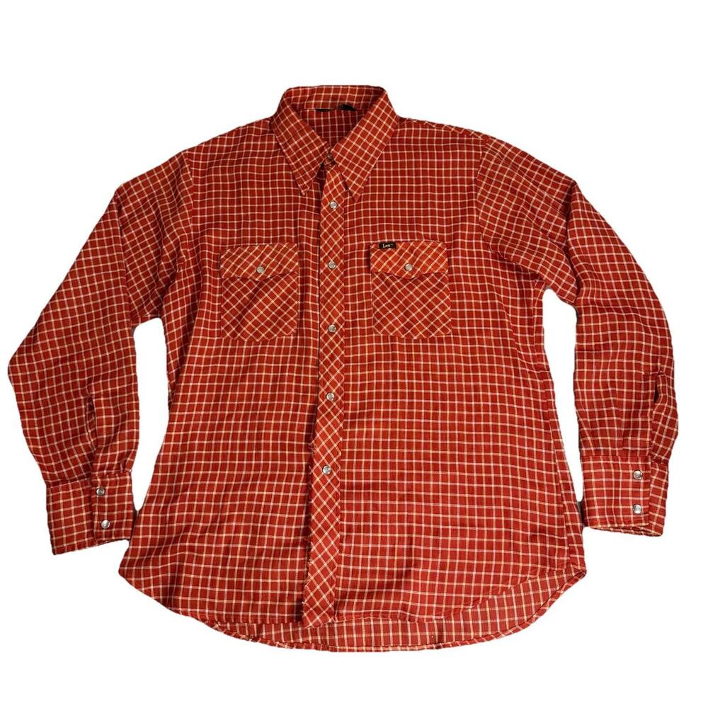 Vintage Lee Pearl Snap Shirt Western Checkered Plaid Orange USA 70s Men’s Large